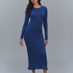 Anthropologie Daily Practice High Tide Long-Sleeve Blue Ribbed Midi Dress L